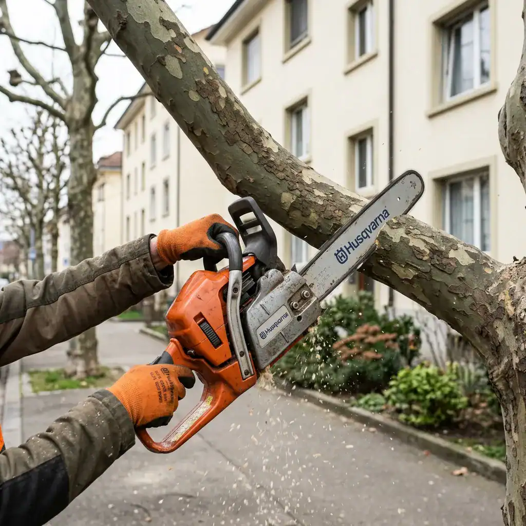Personne utilisant une tronçonneuse pour couper un arbre en milieu urbain.