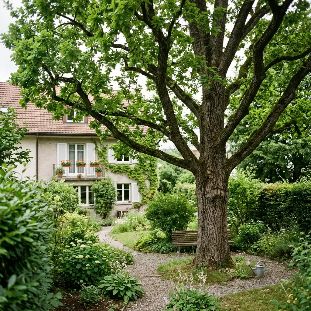 Grand arbre avec branches épaisses et feuillage dense dans un jardin.