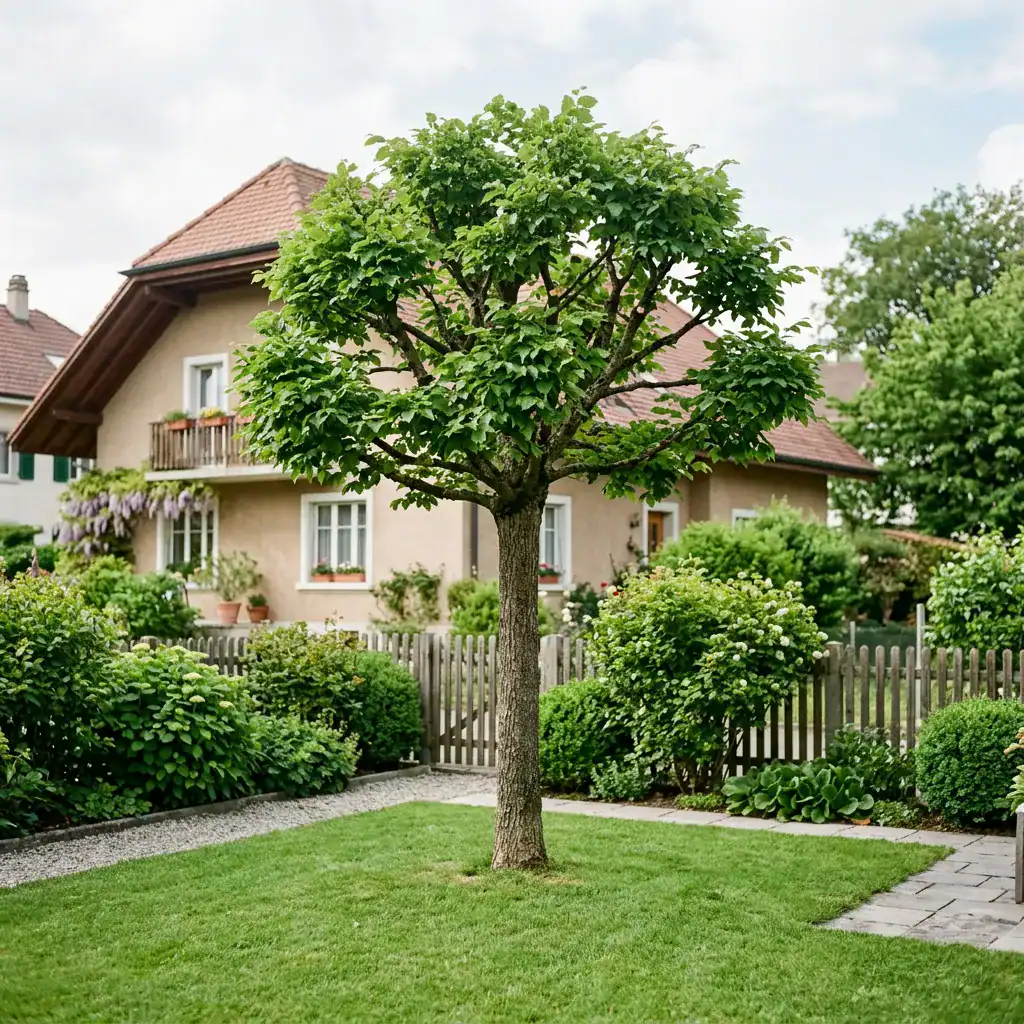 Arbre d'ornement avec feuillage vert dense dans un jardin bien entretenu.